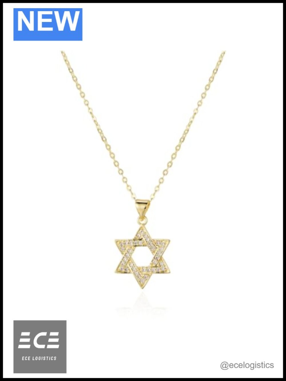 14K Gold Plated Star of David Necklace Cubic Zirconia Pendant 16in